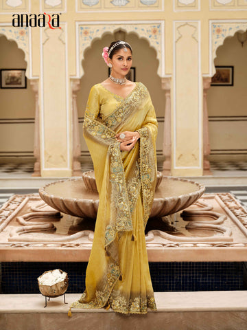 Golden Yellow Tissue Zari Saree with Olive Green Embroidered Border & Silk Blouse - 7810